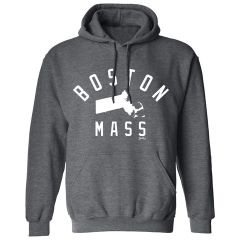 BOSTON, MASS (White Ink on Dark Gray) Hooded Sweatshirt